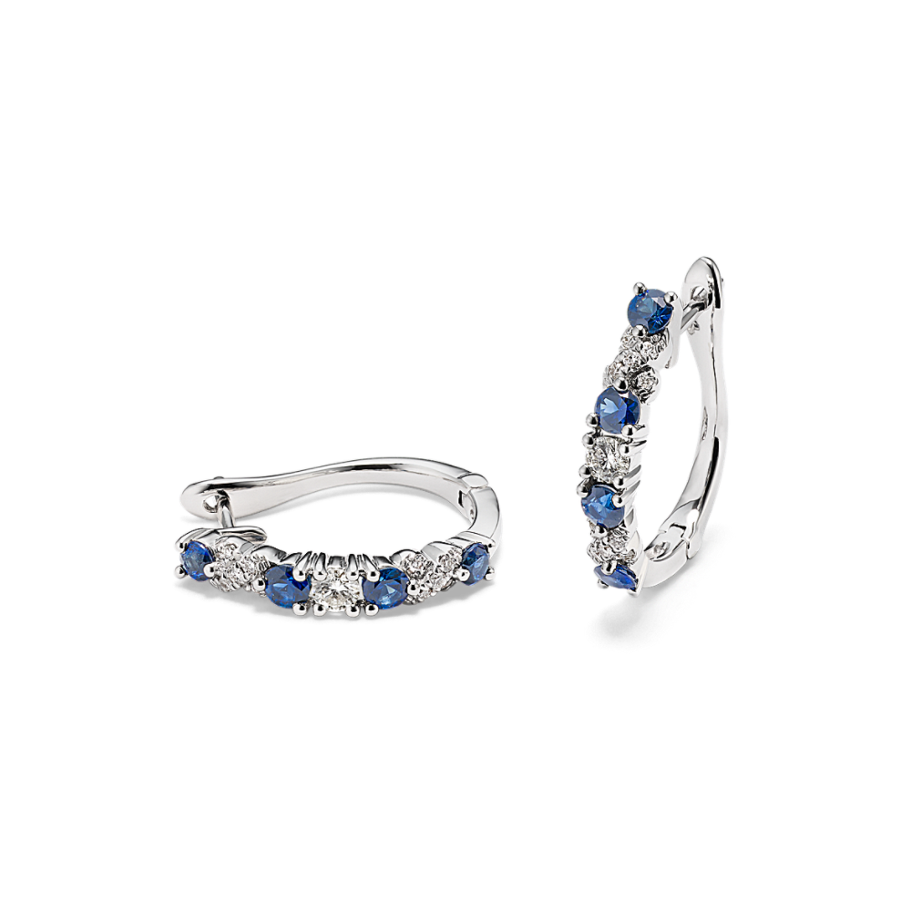 Traditional Blue Sapphire and Diamond Hoop Earrings in 14k White Gold