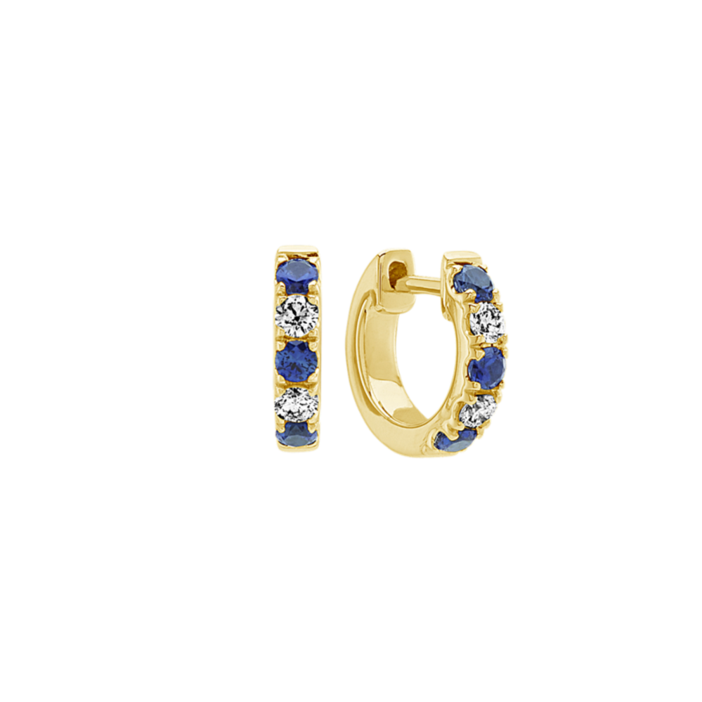 Traditional Blue Sapphire and Diamond Hoop Earrings in 14k YellowGold