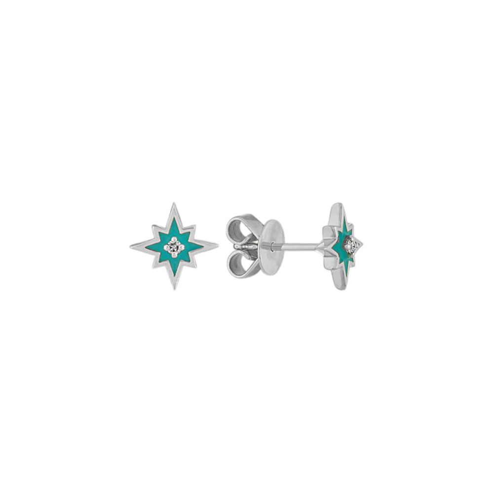 Turquoise Enamel and Diamond Star Earrings in 14K White Gold