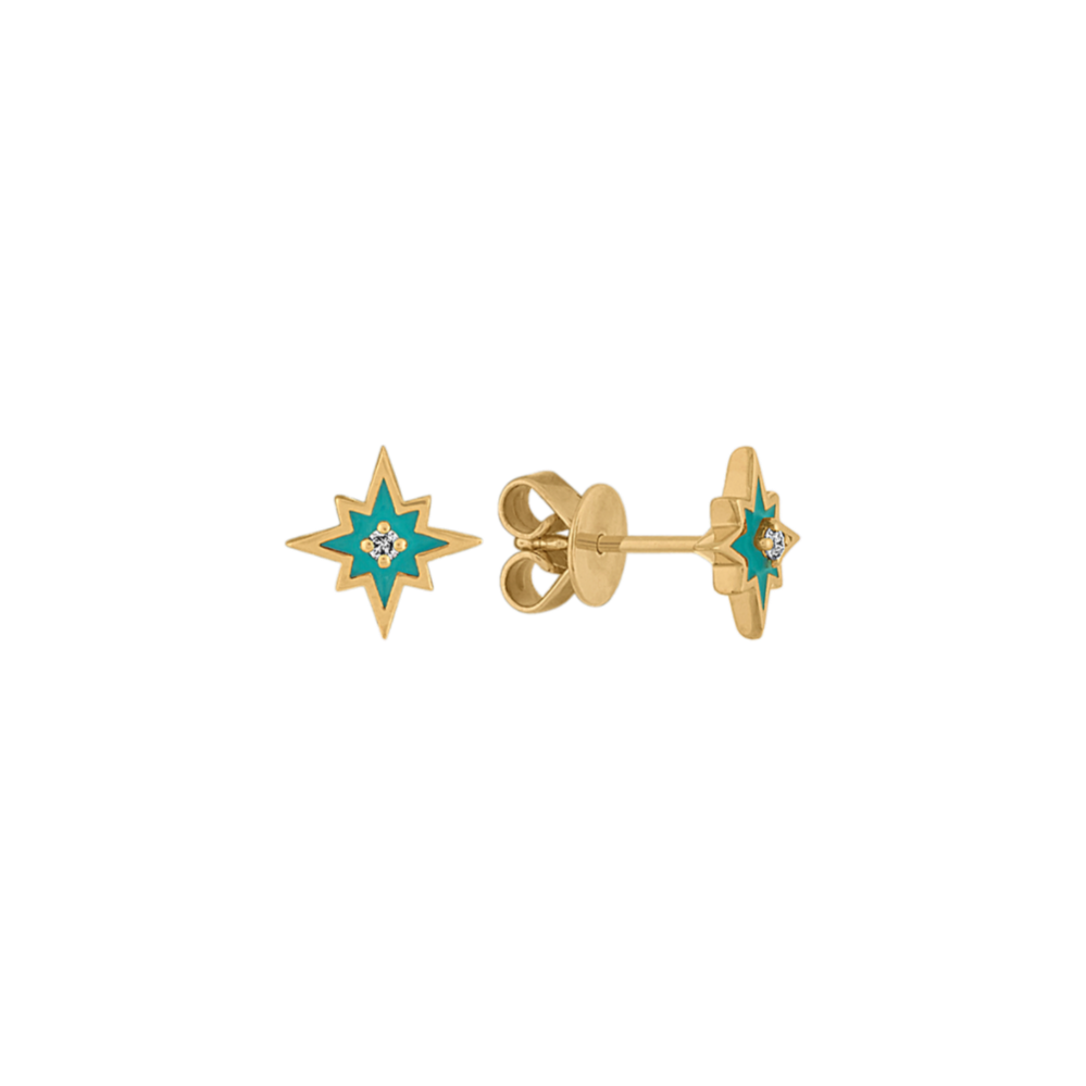 Turquoise Enamel and Diamond Star Earrings in 14K Yellow Gold
