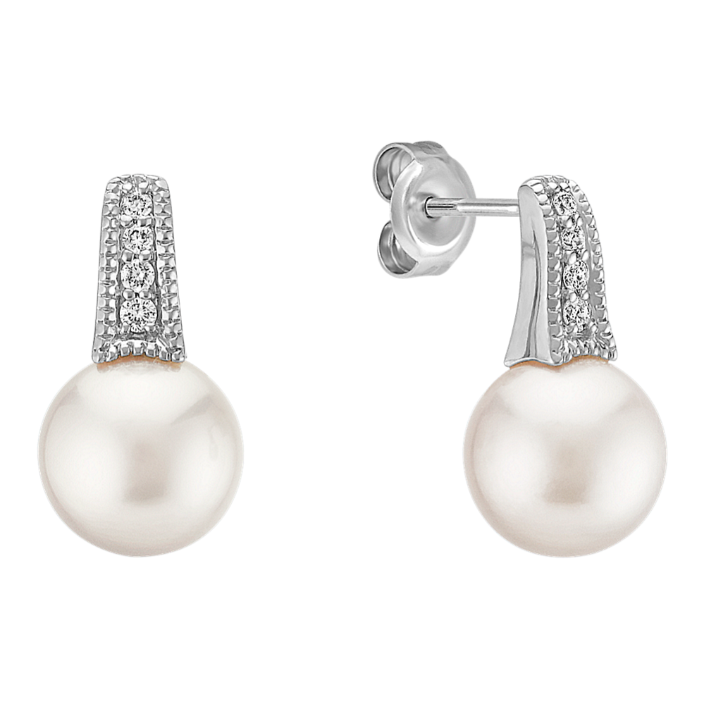 Vintage 7.5mm Akoya Cultured Pearl and Diamond Earrings in White Gold