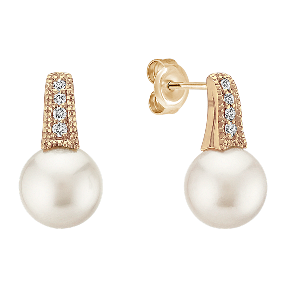 Vintage 7.5mm Akoya Cultured Pearl and Diamond Earrings in Yellow Gold