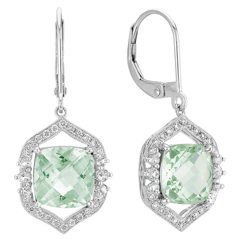 Vintage Cushion Cut GreenQuartz and Round Diamond Leverback Earrings