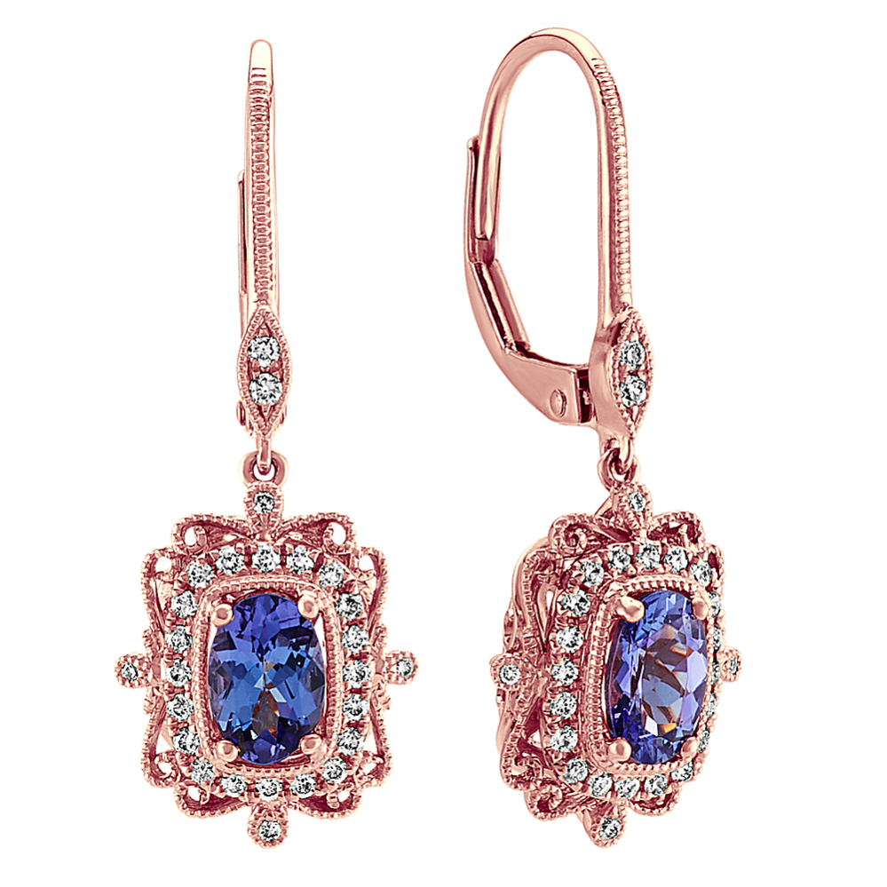 Vintage Dangle Tanzanite and Diamond Earring in 14k Rose Gold