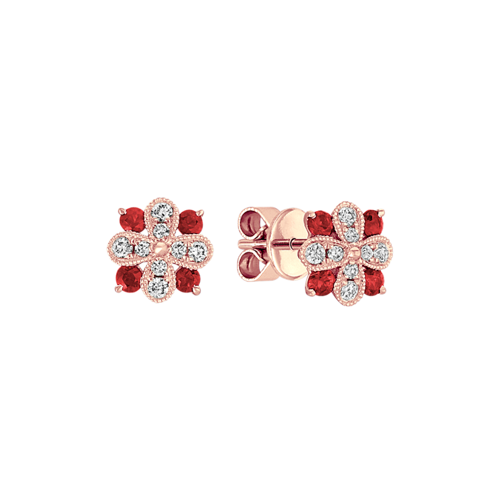 Vintage Natural Ruby and Natural Diamond Earrings in 14k Rose Gold