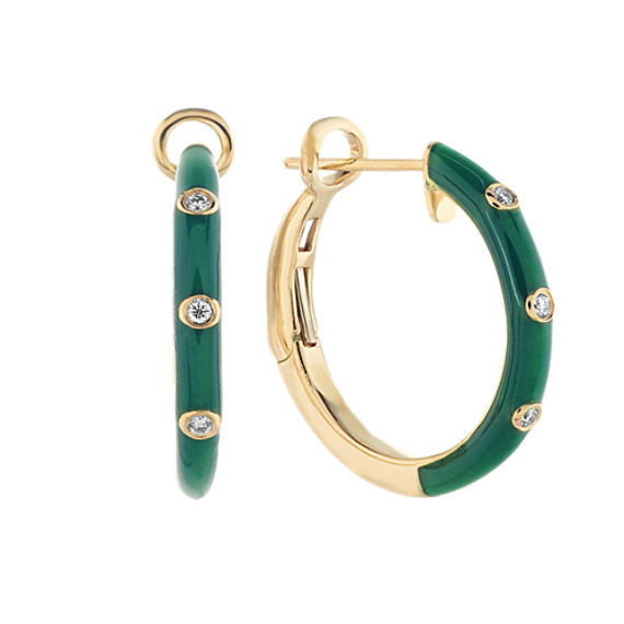 Fern Enamel and Diamond Hoop Earrings