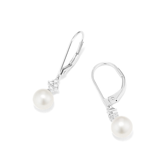 6mm Freshwater Pearl and Diamond Dangle Earrings