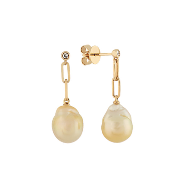 9-10mm Golden Baroque Pearl and Diamond Drop Earrings in 14k Yellow Gold