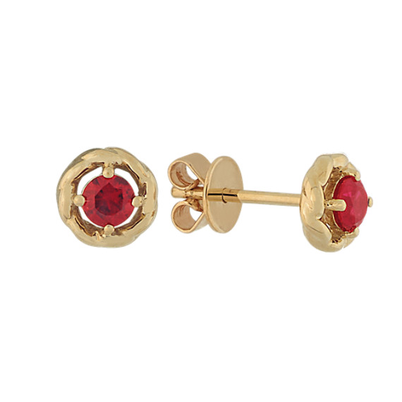 Ruby Halo Earrings in 14K Yellow Gold