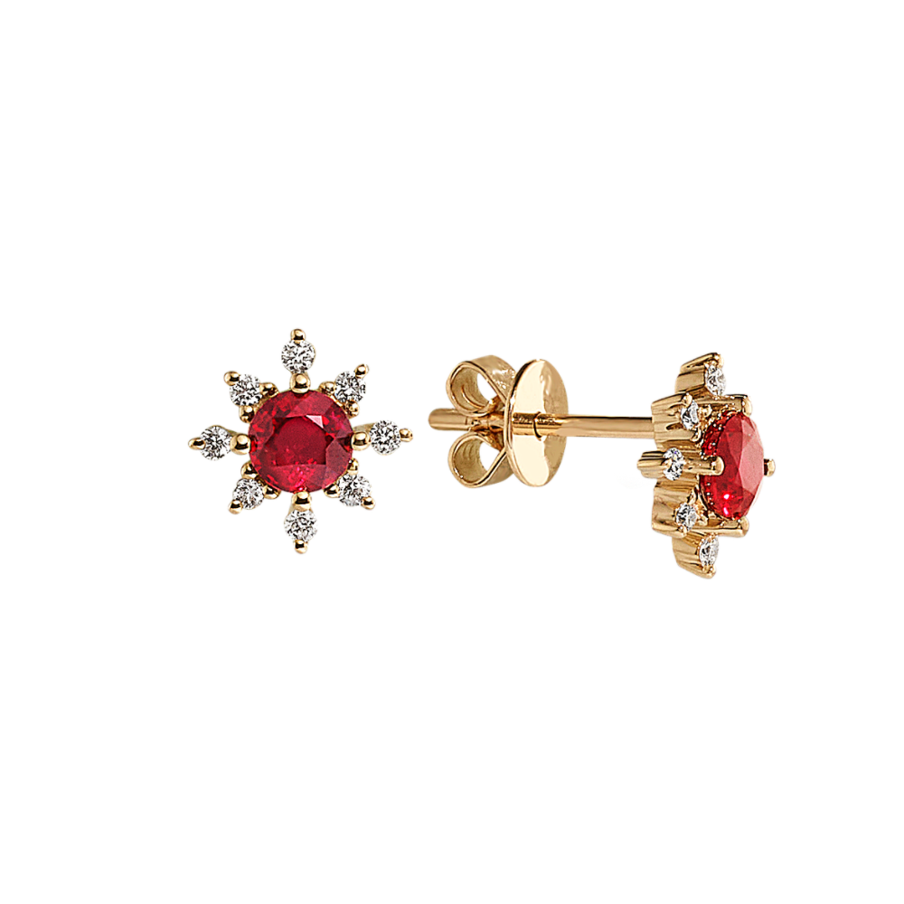 Natural Ruby and Natural Diamond Earrings in 14K Yellow Gold