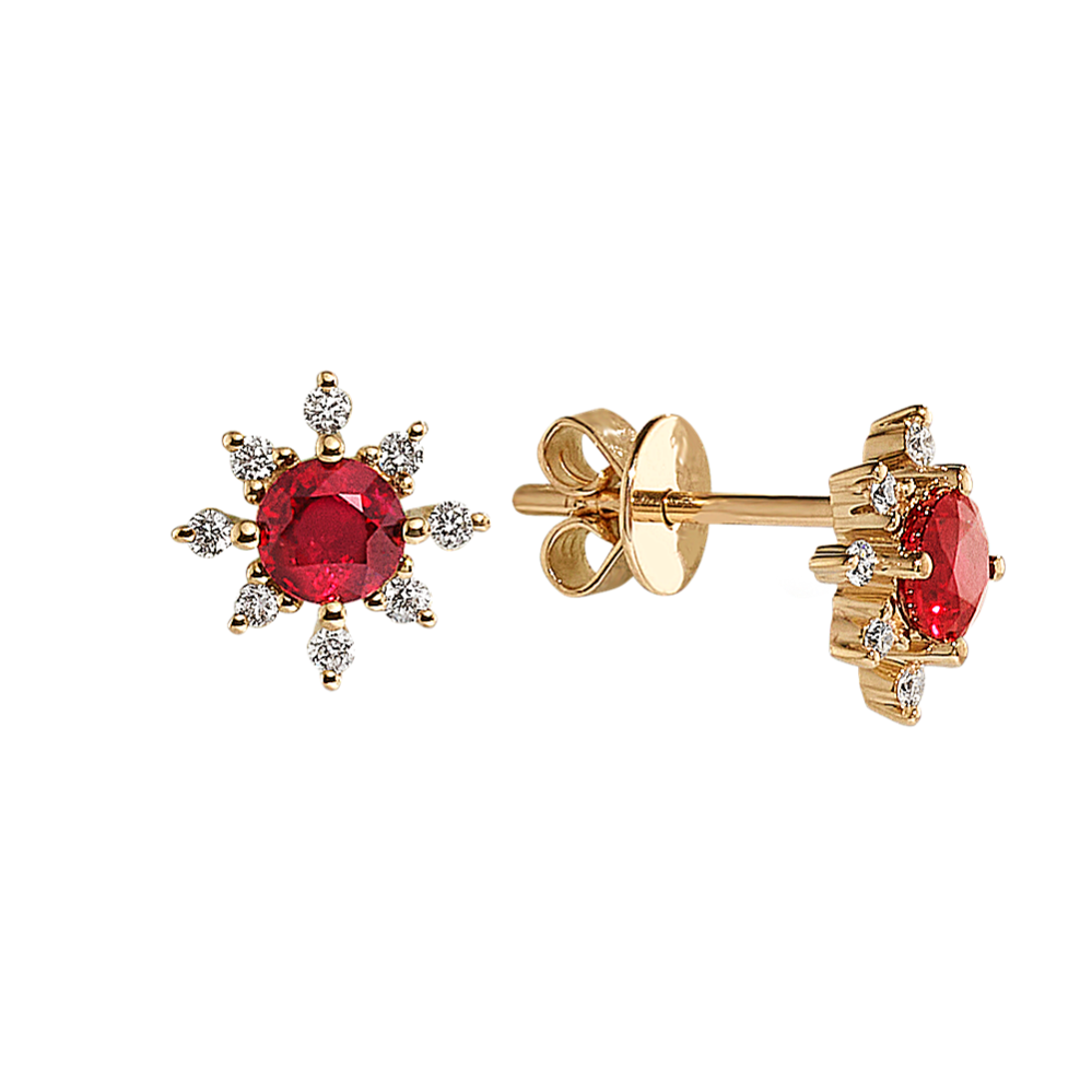 Ruby and Diamond Earrings in 14K Yellow Gold