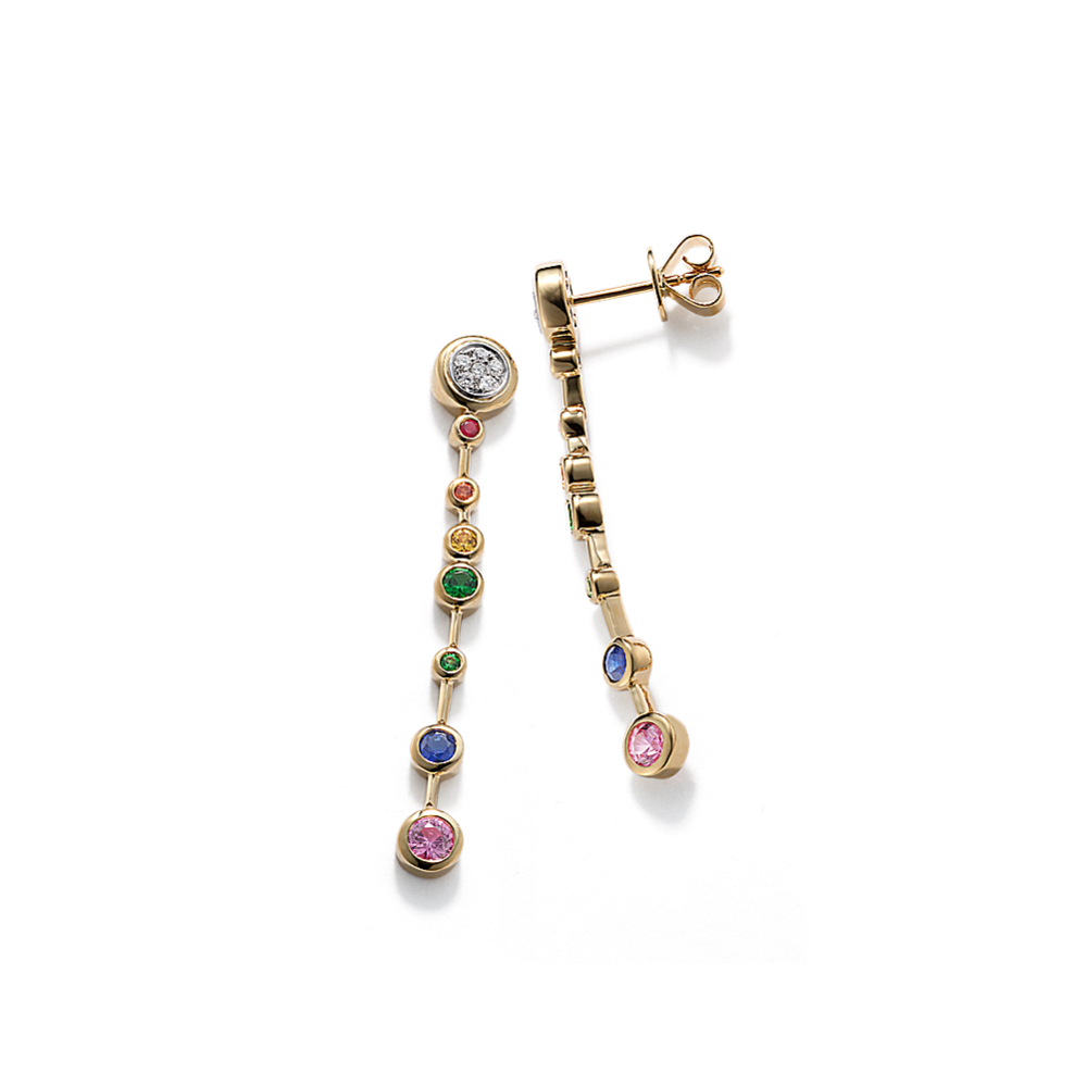 Rainbow Bezel Gemstone & Diamond Dangle Earrings