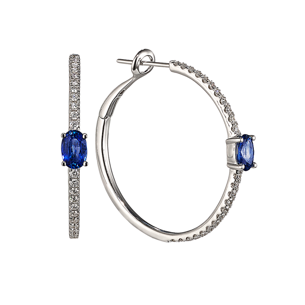 Traditional Blue Sapphire and Diamond Hoop Earrings in 18K White Gold