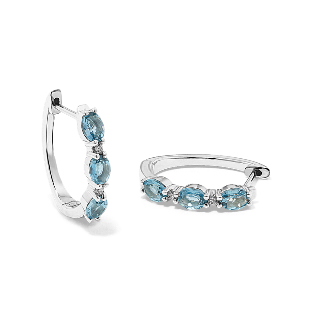 Blue Topaz & Diamond Hoops in Sterling Silver