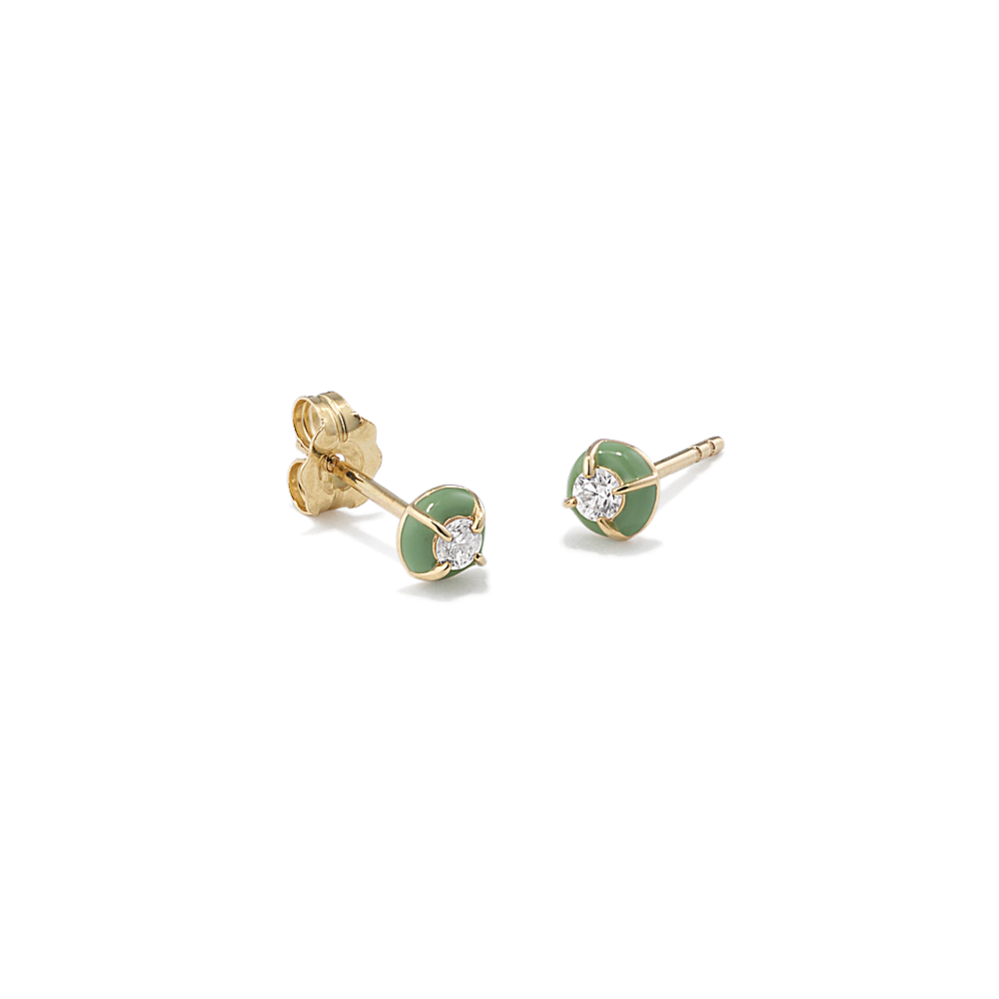 Round Diamond & Green Enamel Earrings