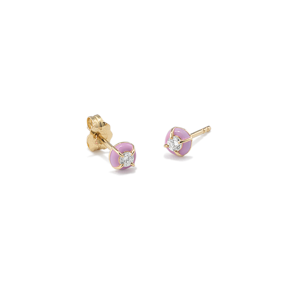Round Diamond & Light Pink Enamel Earrings