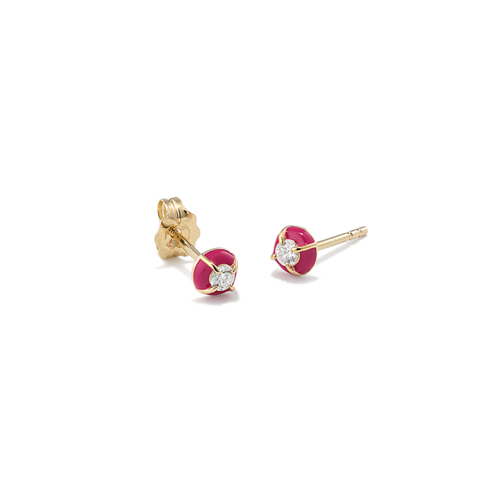 Round Diamond & Pink Enamel Earrings
