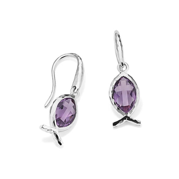 Cross-Faceted Amethyst Ichthus Drop Earrings