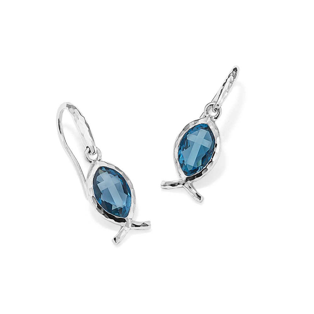Cross-Faceted Blue Topaz Ichthus Drop Earrings