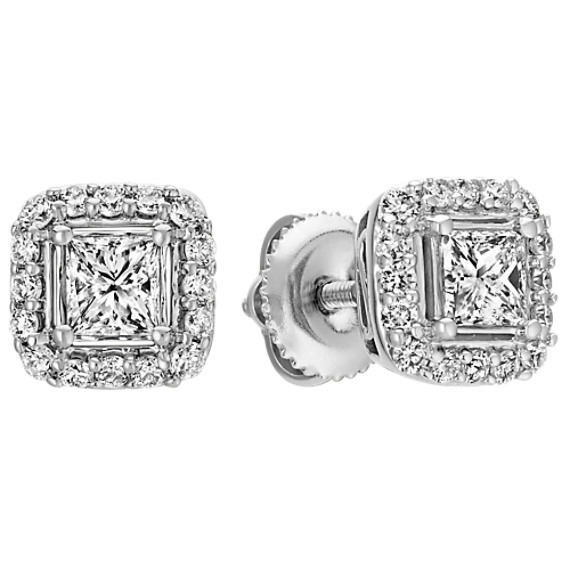Princess Cut and Round Diamond Halo Stud Earrings at Shane Co.