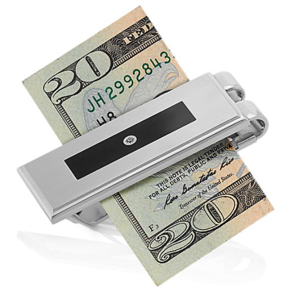 Stainless Steel Money Clip with Black Enamel and Round Diamond Accent