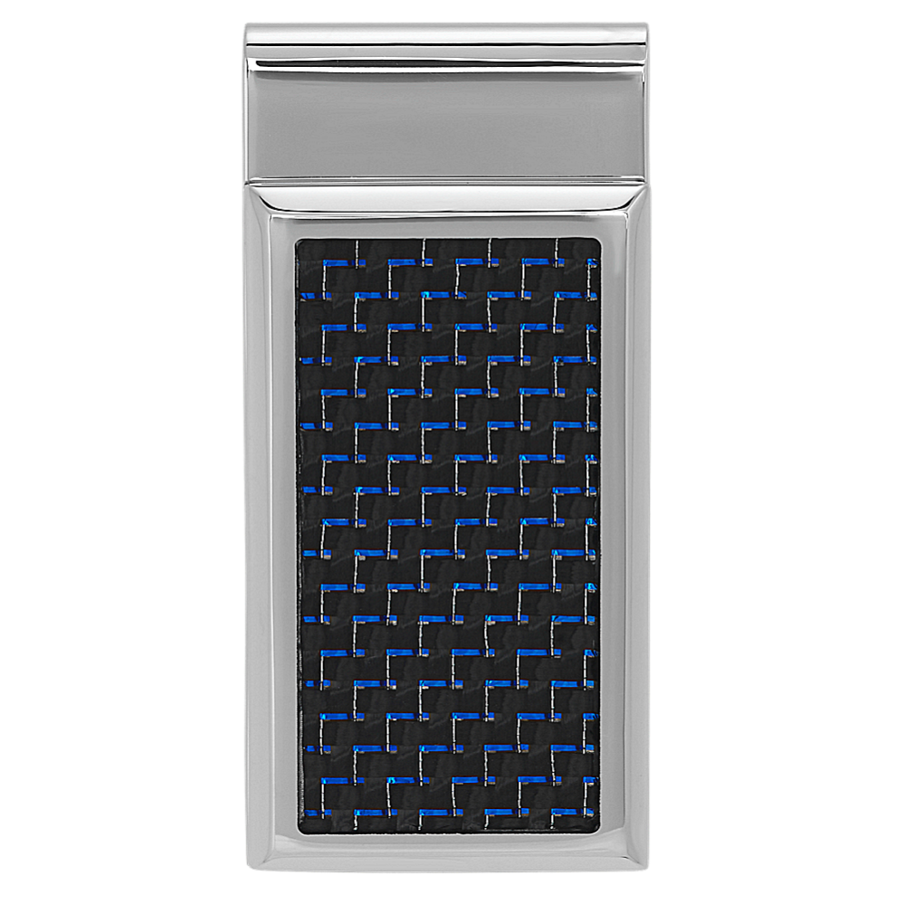 Stainless Steel Money Clip with Blue and Black Carbon Fiber Accent