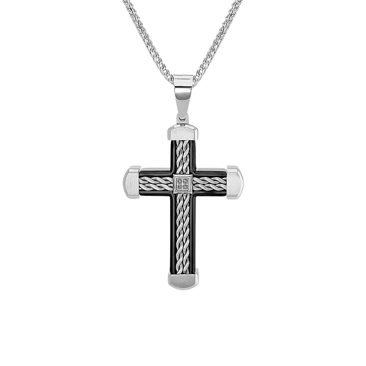 24 inch Mens Natural Diamond Cross Necklace in Stainless Steel