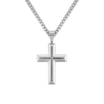 24 inch Mens Diamond Cross Necklace in Stainless Steel Shane Co