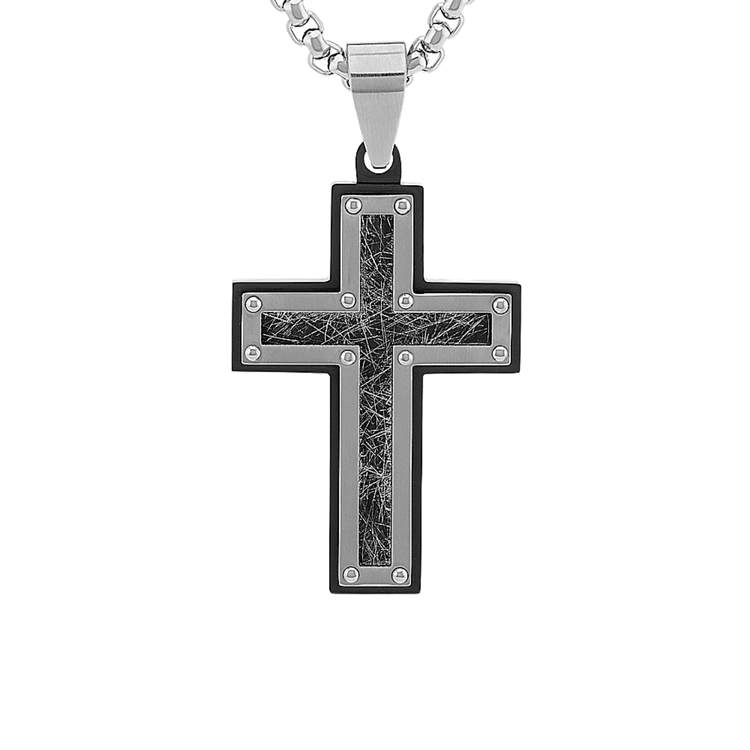 24 inch Mens Stainless Steel Cross Necklace with Black Ionic Plating