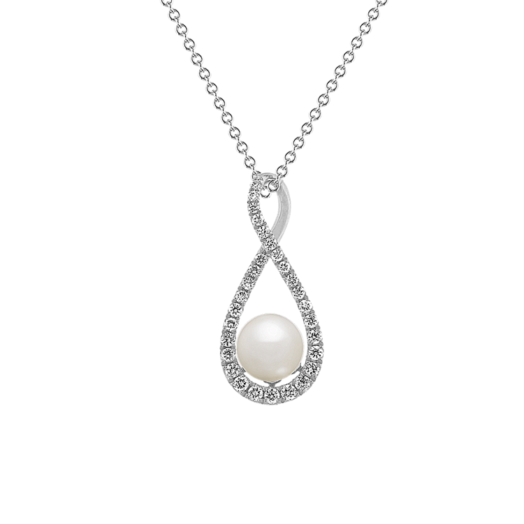 Chateau 6mm Akoya Pearl and Natural Diamond Pendant in 14K White Gold (18 in)