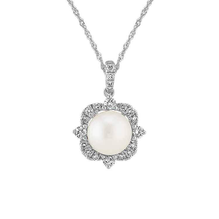 Musique 8mm Akoya Pearl and Diamond Pendant in 14K White Gold (20 in)