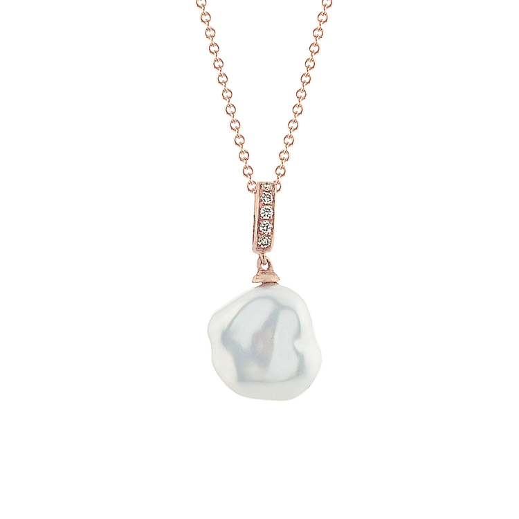 Nahla 8mm Freshwater Keshi Pearl and Natural Diamond Pendant in 14k Rose Gold (18 in)