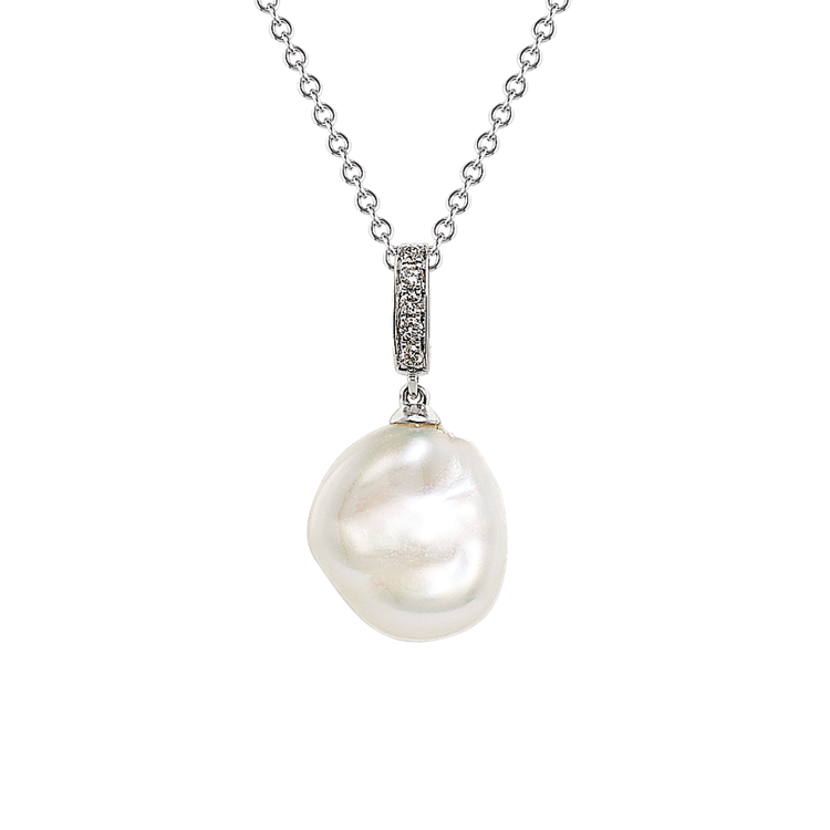 Nahla 8mm Cultured Freshwater Keshi Pearl and Natural Diamond Pendant in 14k White Gold (18 in)