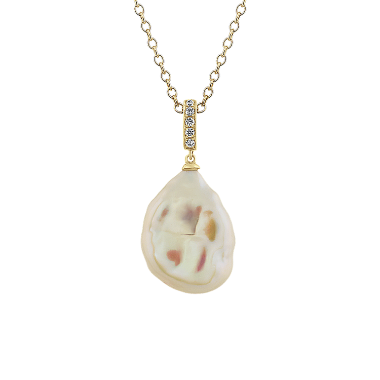 Nahla 8mm Cultured Keshi Pearl and Natural Diamond Pendant in 14k Yellow Gold (18 in)