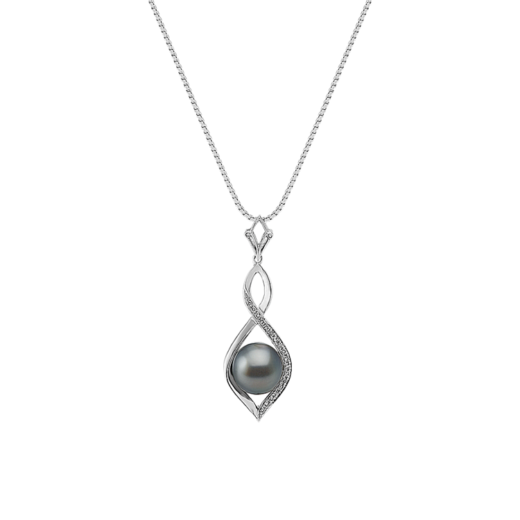 Ravenna 9mm Tahitian Pearl and Diamond Pendant in 14K White Gold (20 in)
