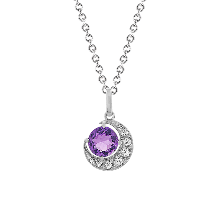 Aurora Natural Amethyst and White Natural Sapphire Crescent Pendant in Sterling Silver (20 in)