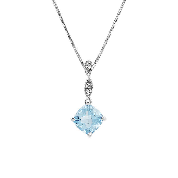 Fawn Natural Aquamarine and Natural Diamond Pendant in Sterling Silver (22 in)