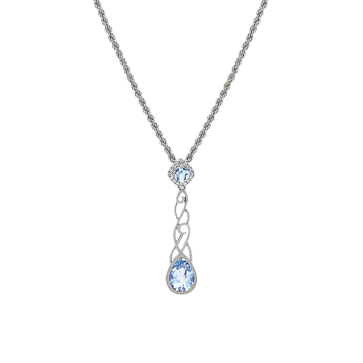 Palma Natural Aquamarine and Natural Diamond Pendant in Sterling Silver (20 in)