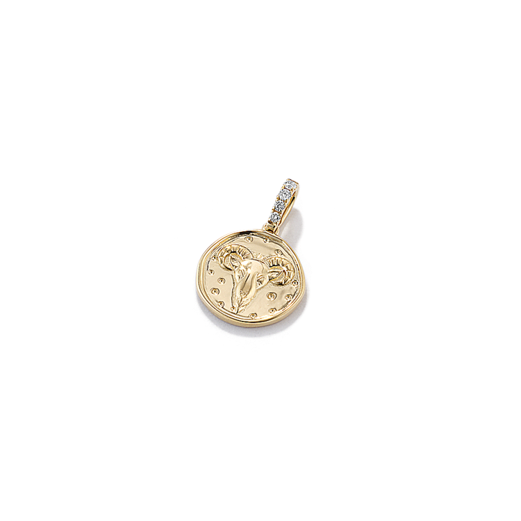 Aries Zodiac Charm with Natural Diamond Accent in 14k Yellow Gold