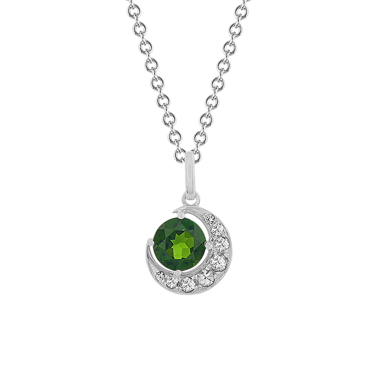 Aurora Natural Chrome Diopside and Natural White Sapphire Crescent Pendant (20 in)