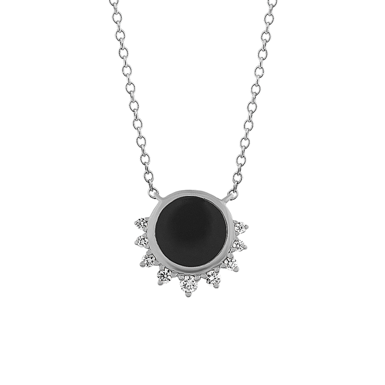 Black Enamel and Natural Diamond Necklace in 14k White Gold (18 in)