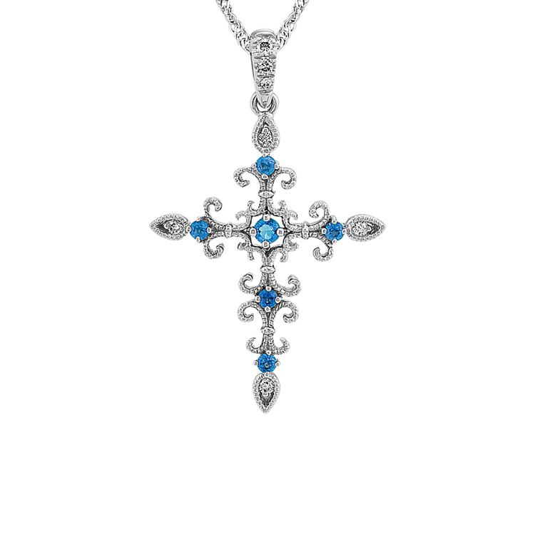 Calabria Natural Blue Topaz and Natural Diamond Cross Pendant in 14K White Gold (22 in)