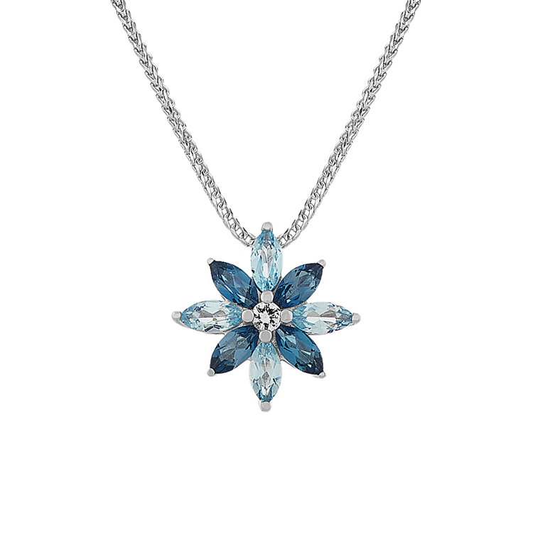 Natural Blue Topaz and White Natural Sapphire Floral Pendant (22 in)