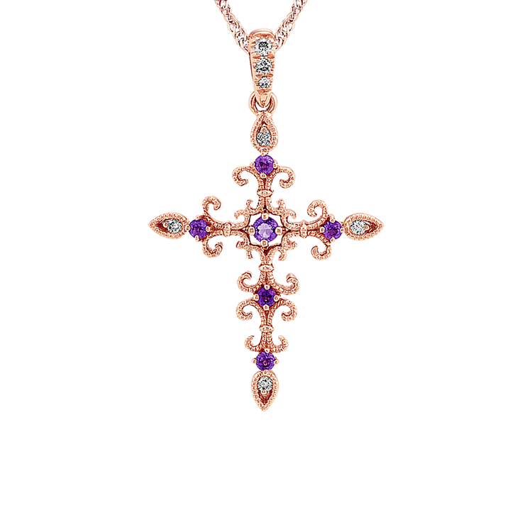 Calabria Natural Amethyst and Natural Diamond Cross Pendant in 14K Rose Gold (20 in)