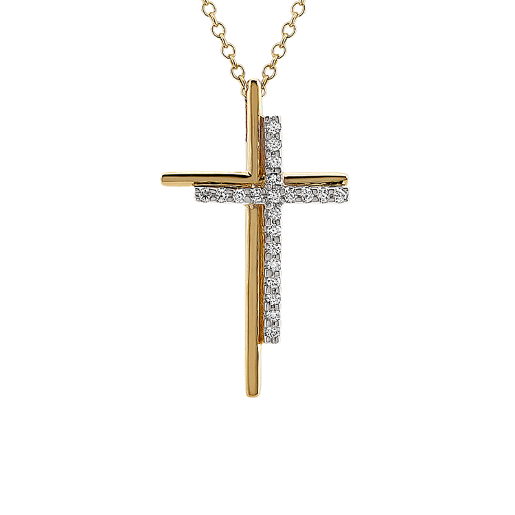 Natural Diamond Double Cross Pendant in 14k Yellow Gold (22 in)