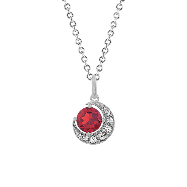 Aurora Natural Garnet and White Natural Sapphire Crescent Pendant in Sterling Silver (20 in)