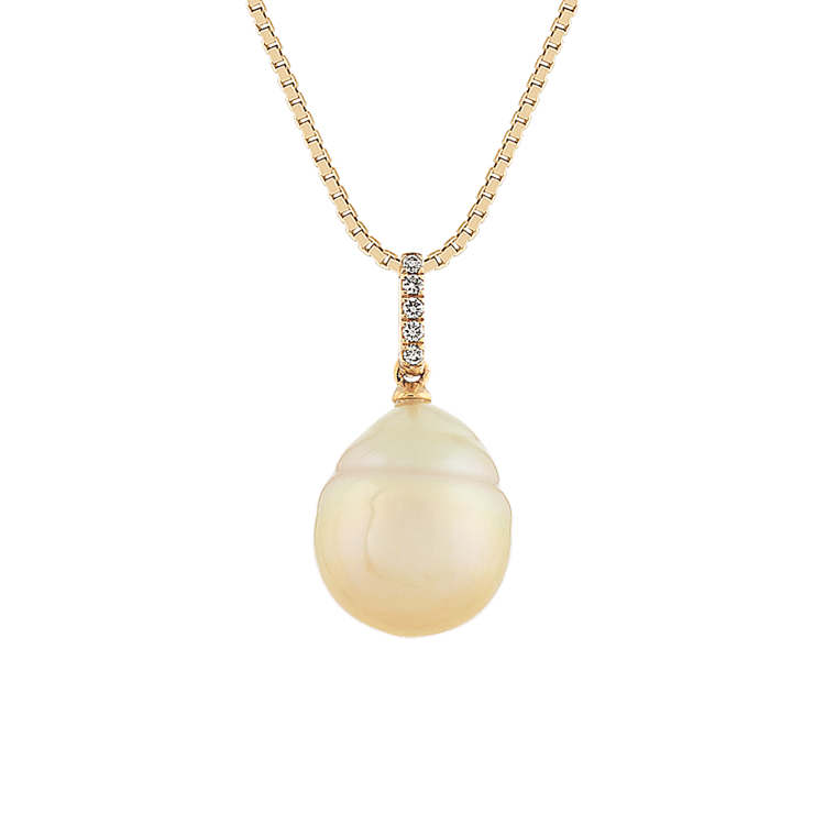 Golden Baroque Pearl and Natural Diamond Pendant in 14k Yellow Gold (18 in)