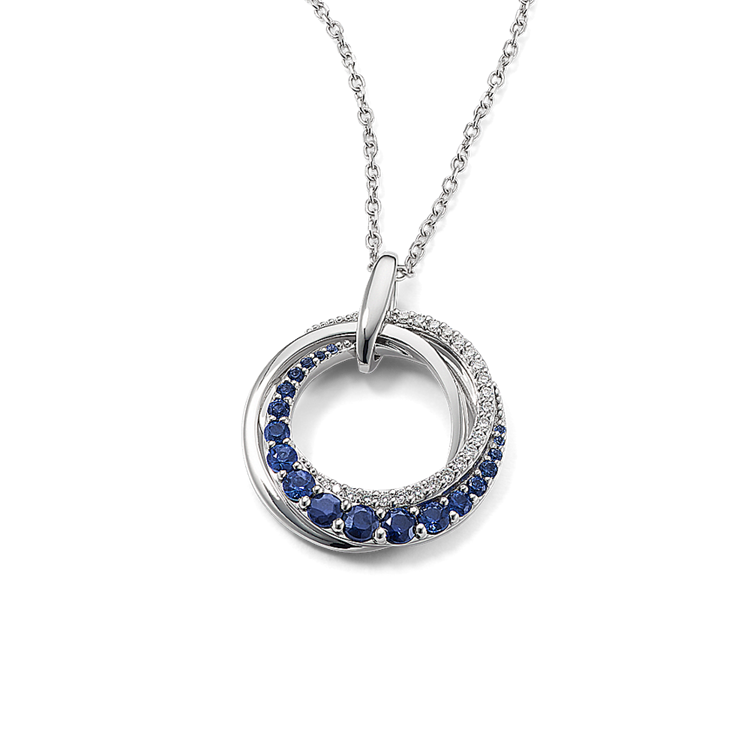 Oceane Graduated Natural Sapphire and Natural Diamond Circle Pendant in 14K White Gold (18 in)