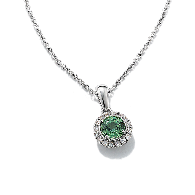 Green Natural Sapphire and Natural Diamond Halo Pendant (20 in)