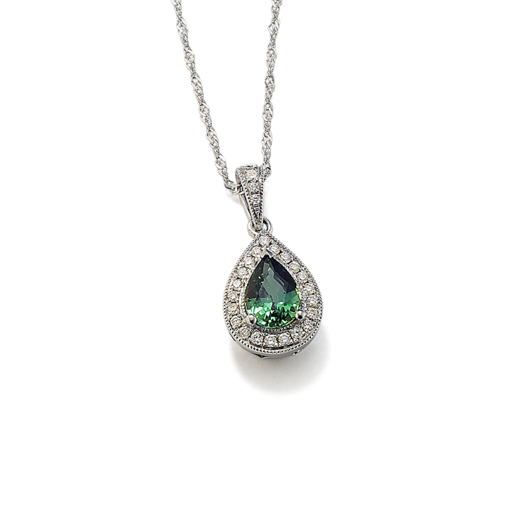 Gardenia Green Natural Sapphire and Natural Diamond Pendant in 14K White Gold (22 in)